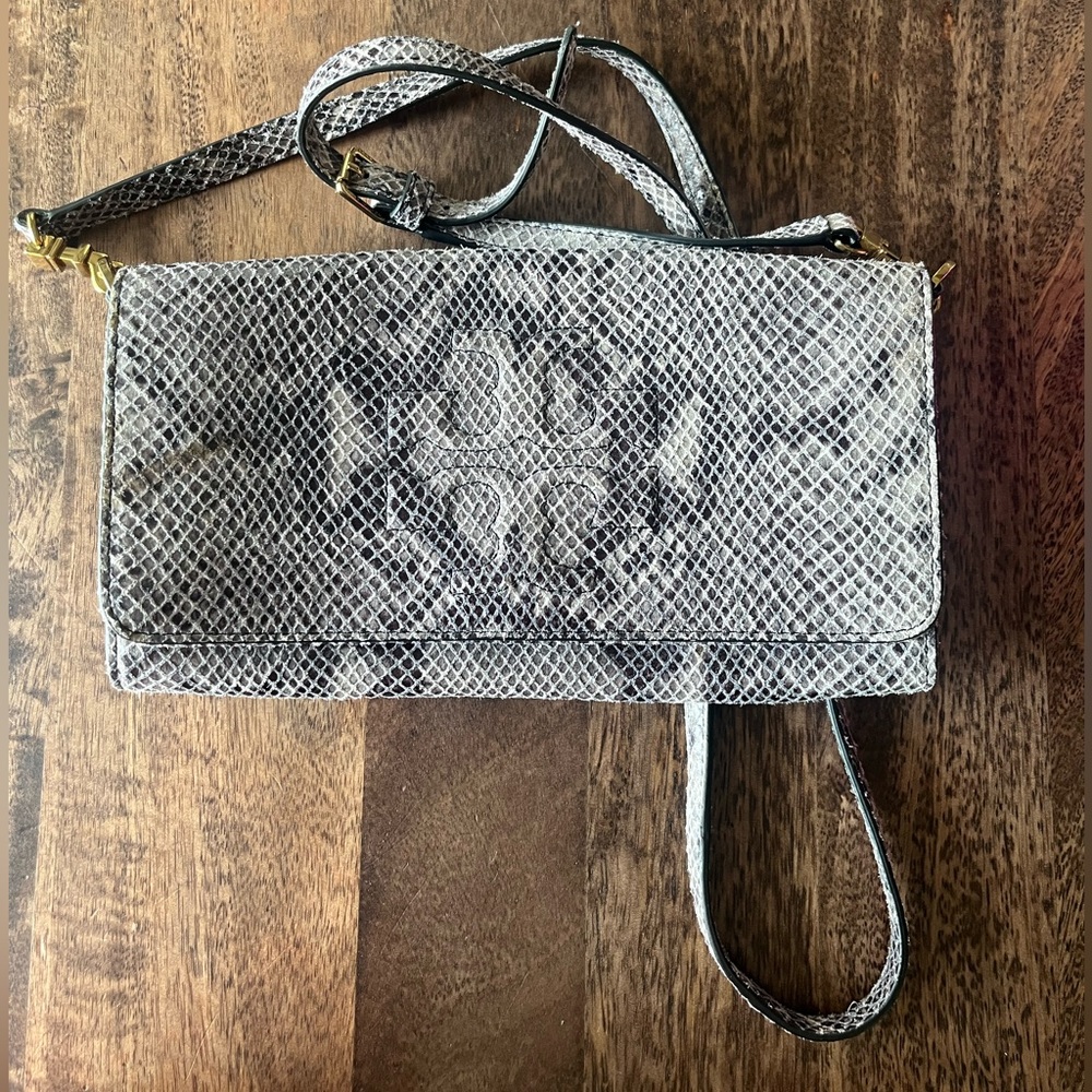 Tory Burch luxury leather gray snake print chain wallet